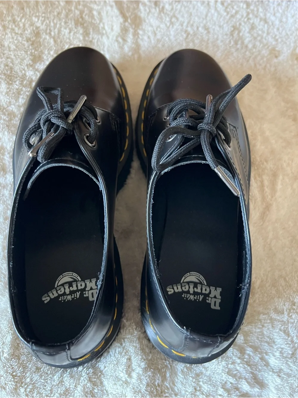 Dr. Martens Black Platform Derby Shoes with Yellow Stitching